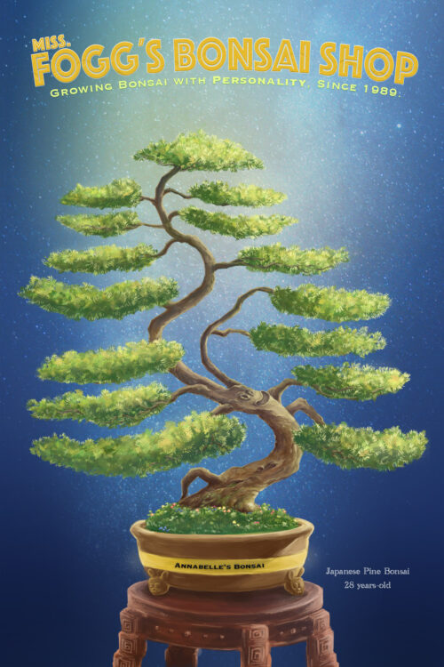 A painting of a bonsai tree in a pot.