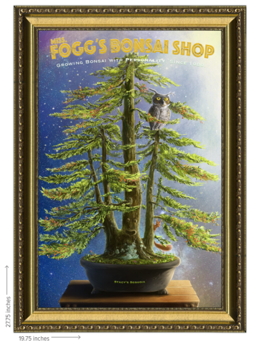 A framed poster of a bonsai tree in a pot.